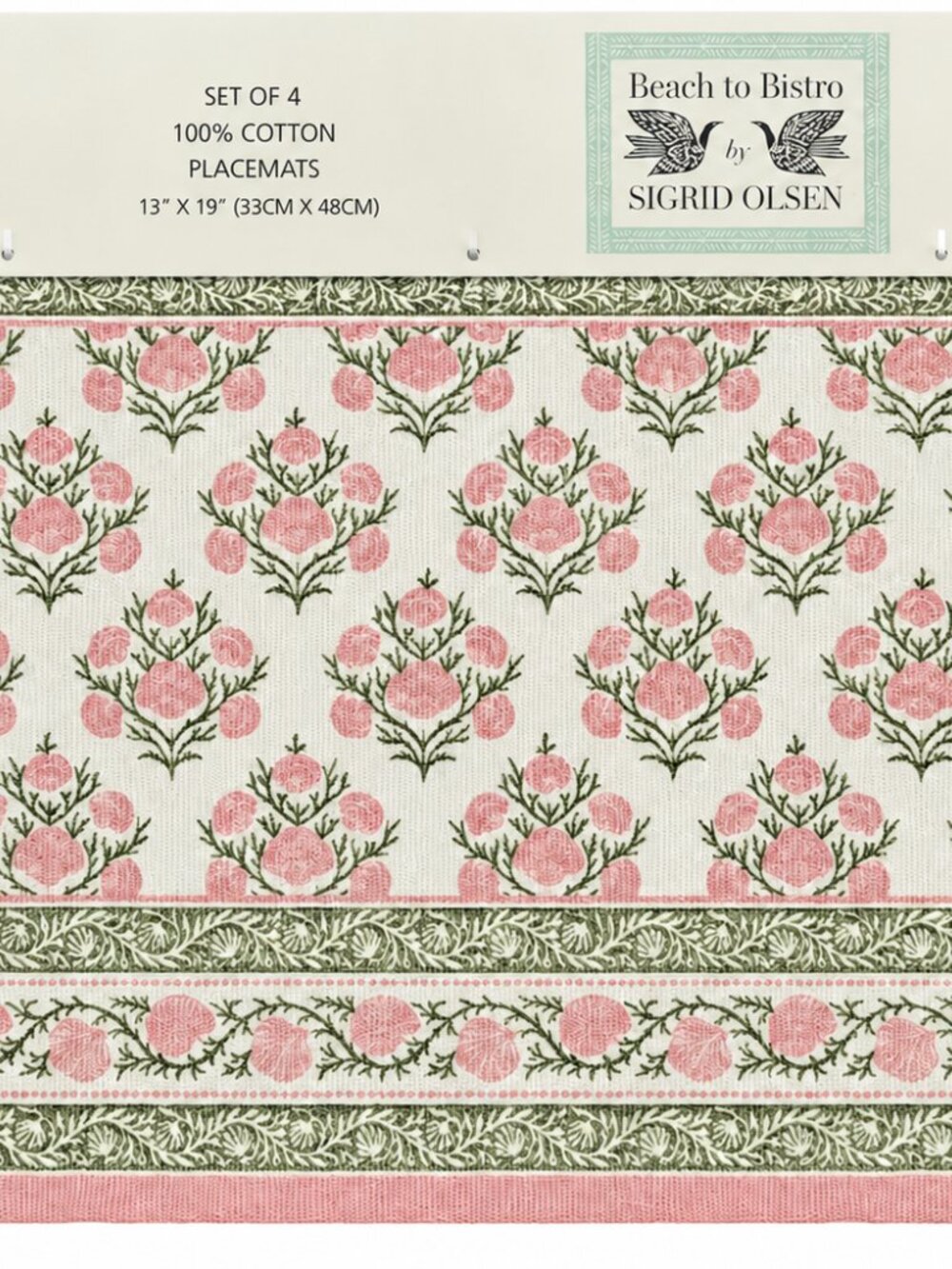 Sigrid Olsen Placemats Pink Shells Reversible Pink Stripe 13x19 Set of 4 Summer